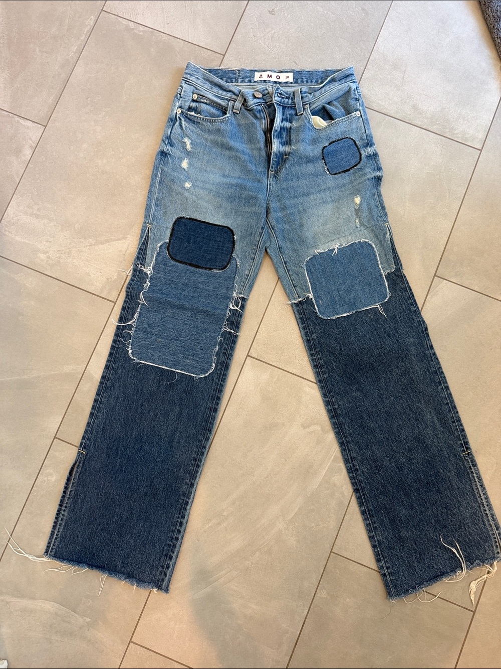 AMO Two-Tone Blue Patchwork Straight Jeans